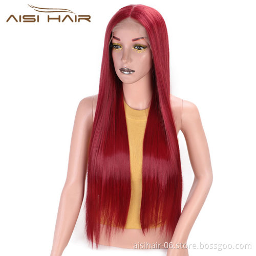 Aisi Hair High Temperature Fiber Synthetic Long Straight Wigs Wine Red Middle Part Lace Front Long Wigs For Black Women